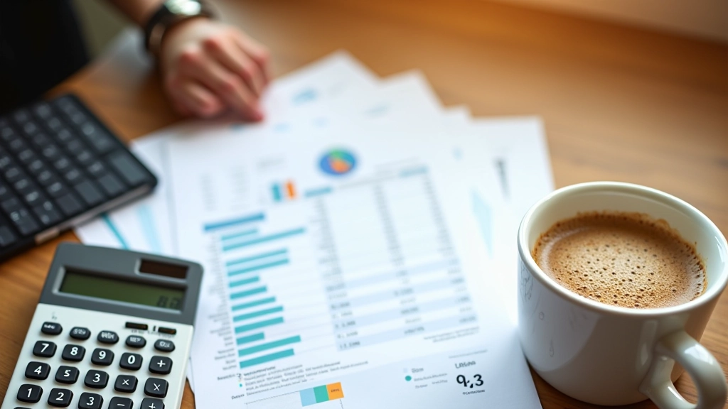 Grafische Darstellung eines Budgets mit Diagrammen und Notizen auf einem Schreibtisch
