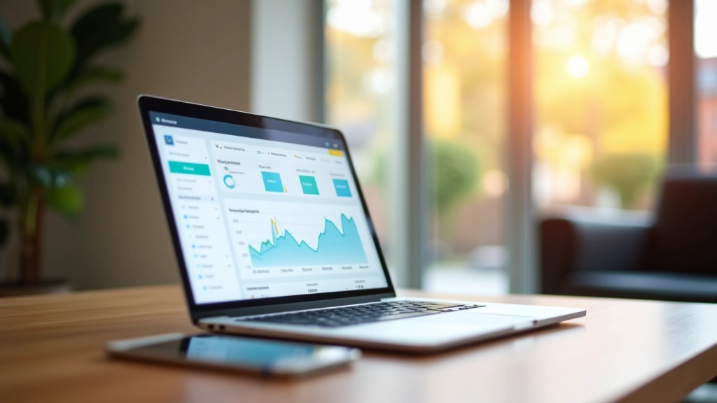 Laptop und Tablet auf Schreibtisch mit Banking-Dashboard, moderne finanzielle Verwaltung