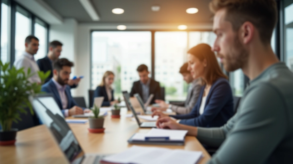 Modernes Büro mit jungen Fachleuten, die an Finanzplanung arbeiten, helle Beleuchtung, digitale Geräte auf dem Tisch