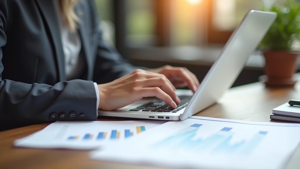 Person nutzt Laptop für Finanzplanung, mehrere Dokumente und Grafiken auf Schreibtisch sichtbar