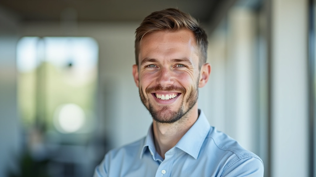 Porträt von Marcus, Finanzanalyst, freundlicher Gesichtsausdruck, helles Büro