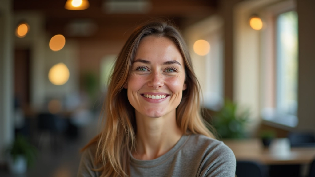 Porträt von Lisa, Content Creator, warmem Lächeln, natürliche Umgebung