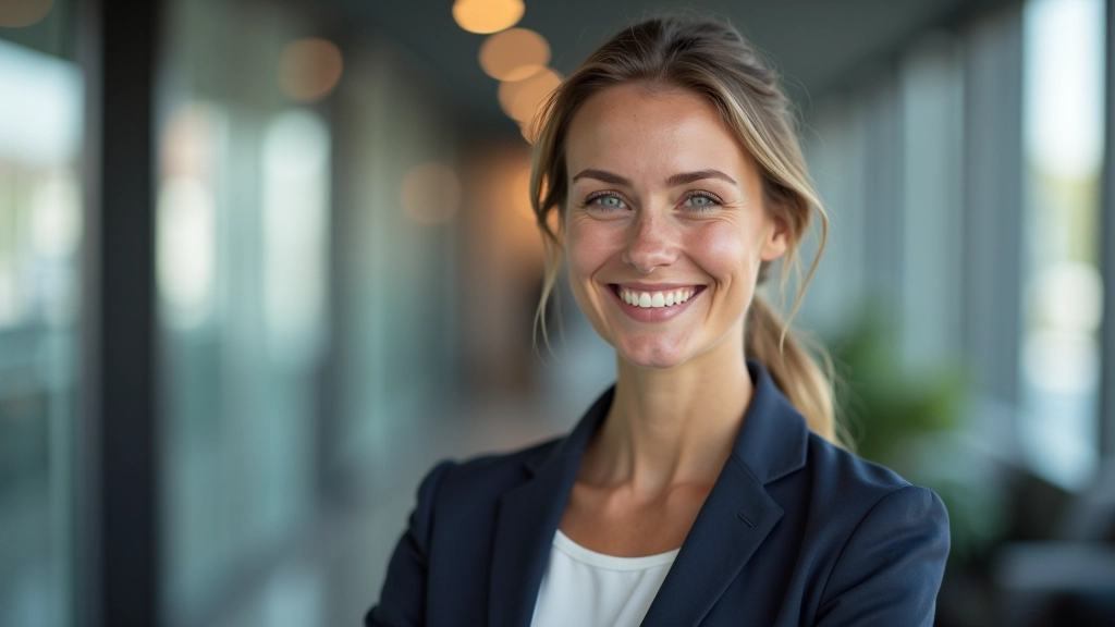 Porträt von Sarah, Finanzberaterin, selbstbewusster Blick, modernes Büro