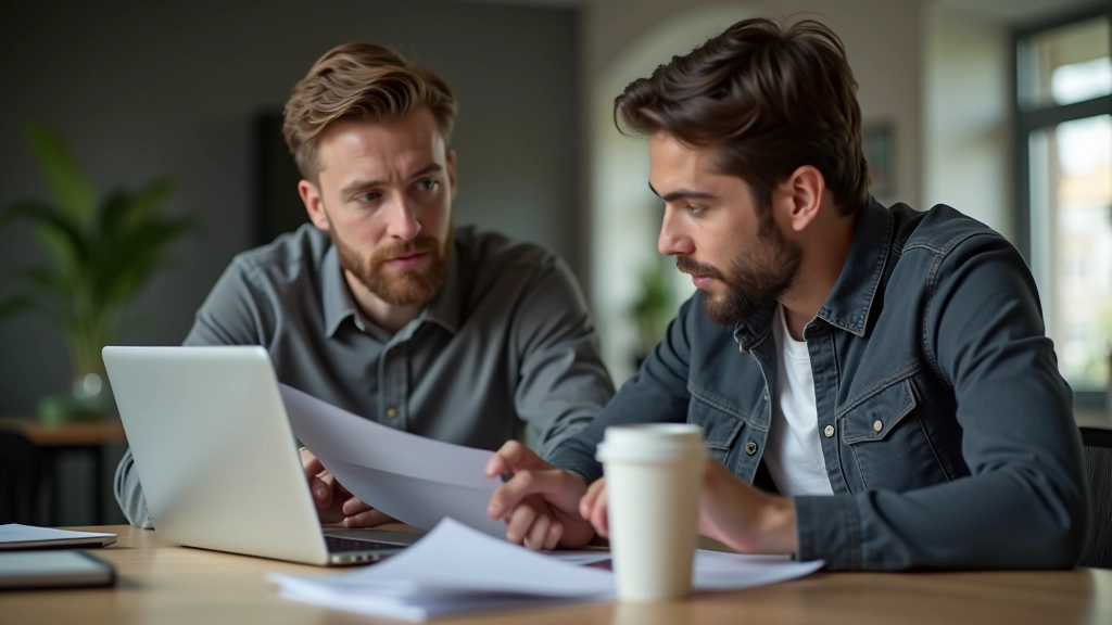 Zwei junge Berufstätige besprechen einen Finanzplan am Laptop