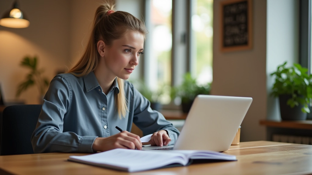 Junge Frau arbeitet an ihrem Schreibtisch, plant ihre Finanzen mit Notizbuch und Laptop
