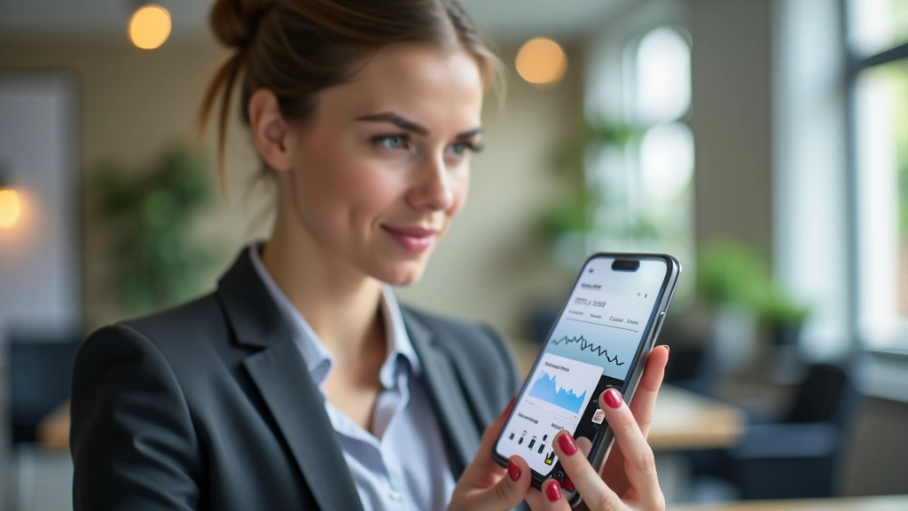 Junge Frau schaut auf ihr Smartphone mit Finanz-App